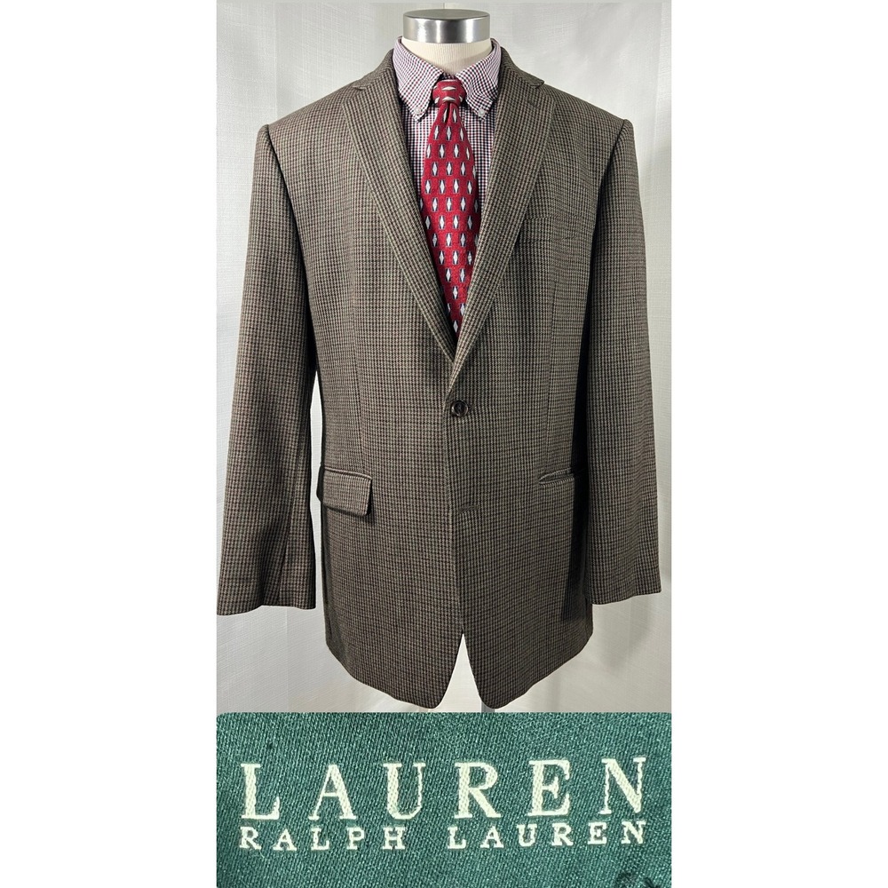 Lauren Ralph Lauren Mens 44L Brown Houndstooth Wool 2-Button Sport Coat Blazer